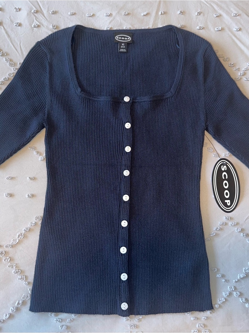Scoop Square Neckline Button Short Sleeve Navy Blue Sweater Women’s Size XS